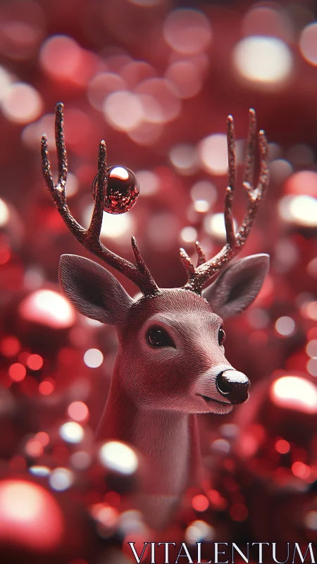 Reindeer sculpture amid glowing red holiday bokeh field.