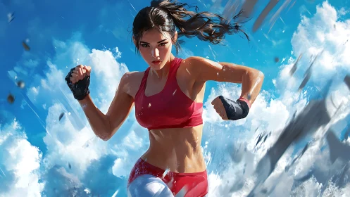 Sky-high runner punching through clouds in bold motion.