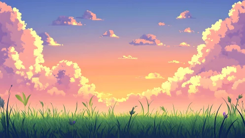 Sunset meadow glows beneath towering pastel clouds.