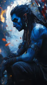 Blue bioluminescent warrior in contemplative jungle profile