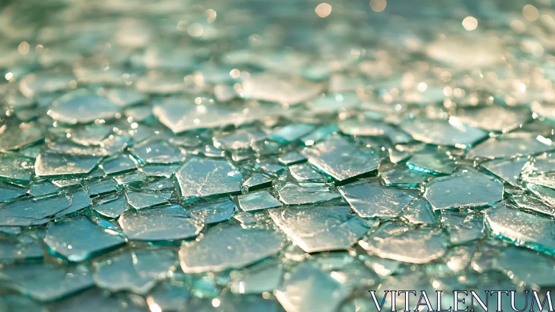 Close-up of Broken Glass Shards with Soft Light Reflection.