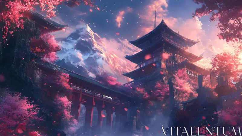 Twilight cherry blossoms crown a mountain temple in misty bloom