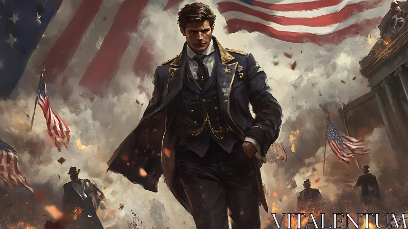 Defiant leader strides through burning patriotic battlefield