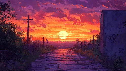 Sunset-illuminated rural road with textured stone paving depth study