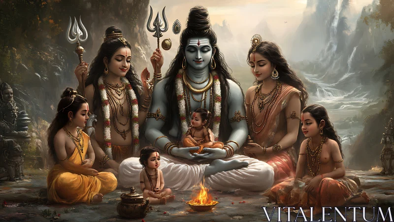 Mountain-hushed divine family circle around sacred flame.