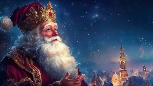 Regal bearded figure in red above illuminated winter town.