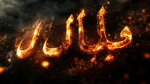 Fiery Arabic calligraphy glows amid swirling embers.