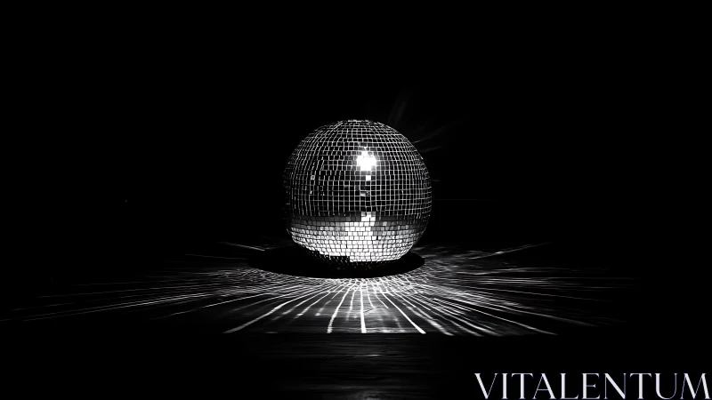 Mirror disco ball on dark background with radial light pattern.