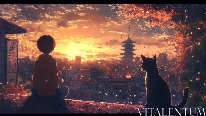 Golden-hour anime cityscape frames child and cat silhouettes