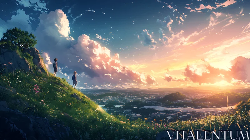 Sunset stratocumulus over valley city from grassy escarpment.