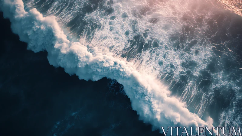 Aerial view of powerful ocean wave breaking at shoreline