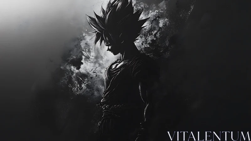 Shadowline warrior silhouette in monochrome particle bloom.