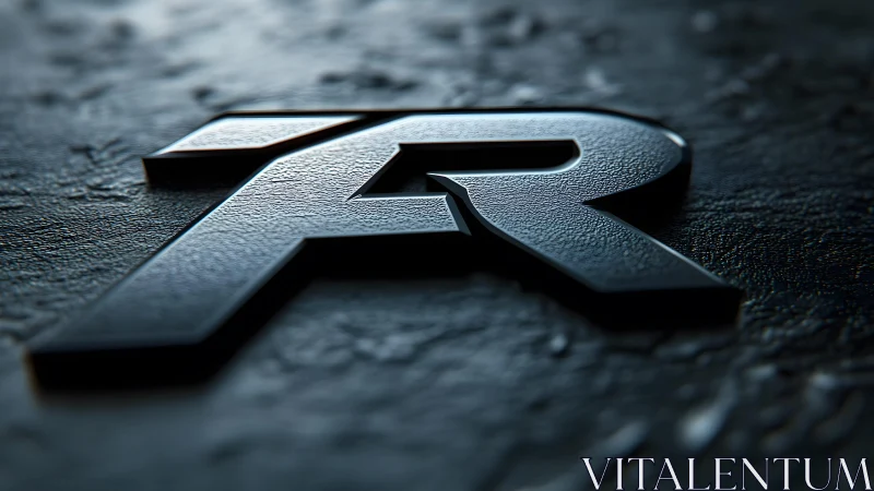 Metallic 3D Letter R Logo on Textured Dark Surface, Realistic Style.