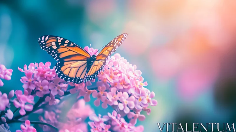 Monarch butterfly on pink blossoms in vibrant bokeh field.