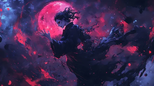 Sorcerer silhouetted against crimson lunar vortex in void
