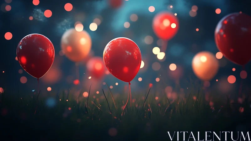 Glowing Red Balloons Rising Through Bokeh Lights.