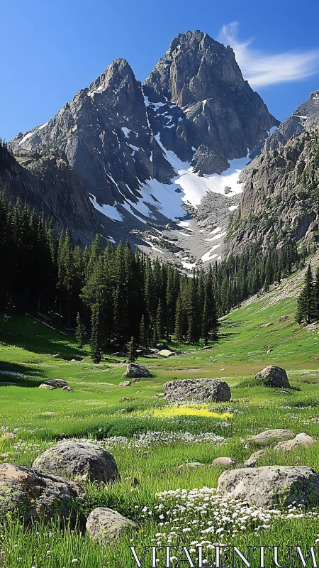 Glaciated granite spires above alpine meadow and conifer basin.