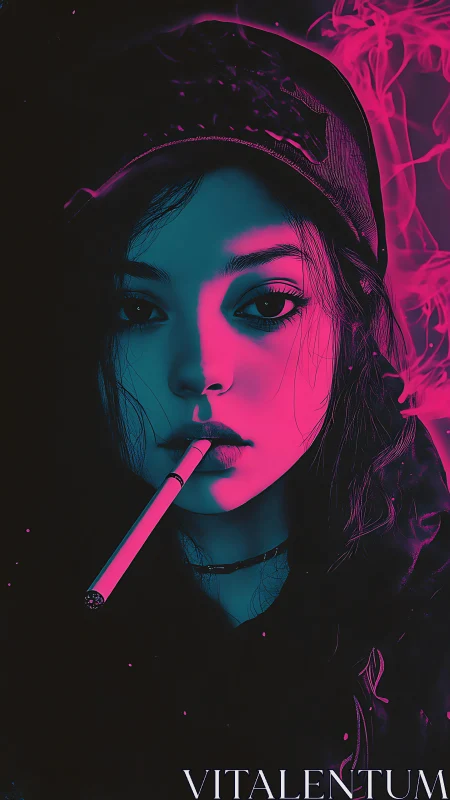 Neon-lit young woman smokes cigarette in moody portrait