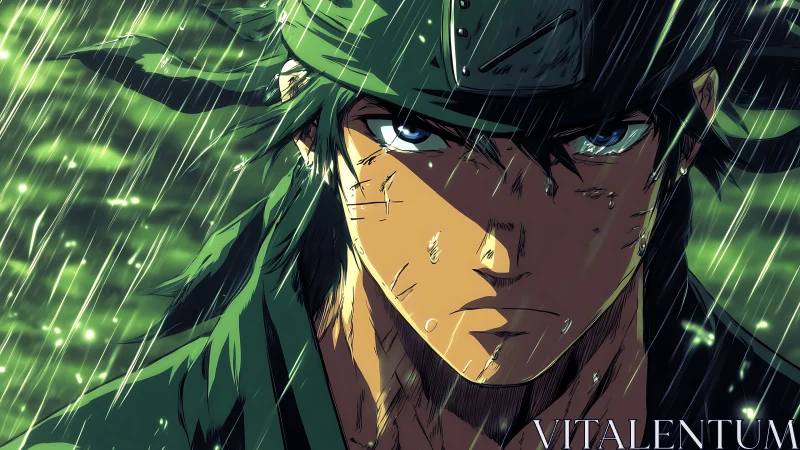 Stormlit warrior close-up under relentless falling rain.