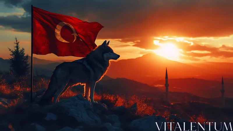 Wolf stands by Turkish flag at sunset on rocky ridge