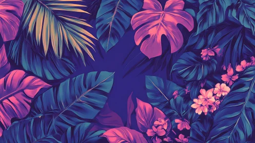 Tropical leaves and flowers form dense neon foliage frame