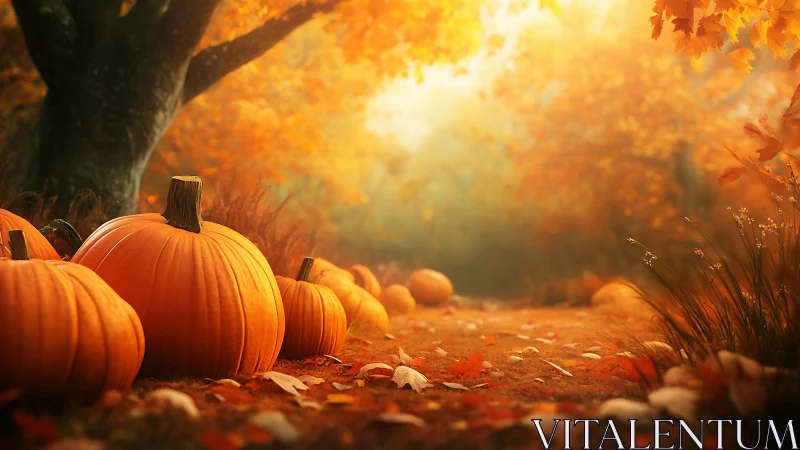 Pumpkins sit along a forest path in warm autumn light