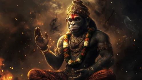 Divine simian deity sits in firelit aura, blessing hand raised