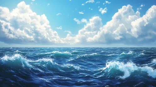 Sunlit mid-ocean waves beneath towering cumulus clouds.