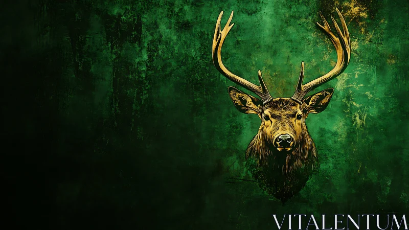 Emerald forest stag portrait crowned in golden antlers.