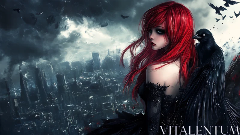 Red haired crow keeper watching over a stormy city.