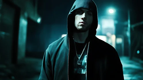 Moody urban portrait in teal low key lighting at night street