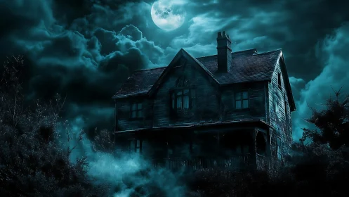 Old wooden house in moonlit fog under dense storm clouds.