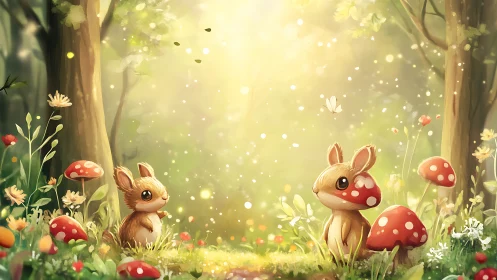 Sunlit woodland clearing with stylized rabbits and toadstools