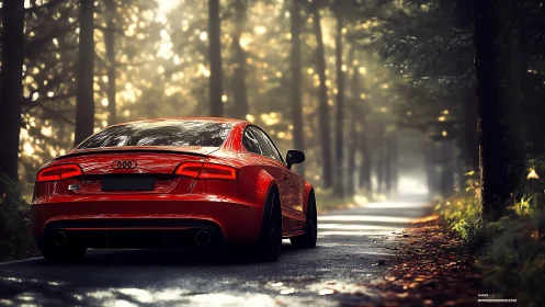 Red Audi sedan is parked on a wet forest road