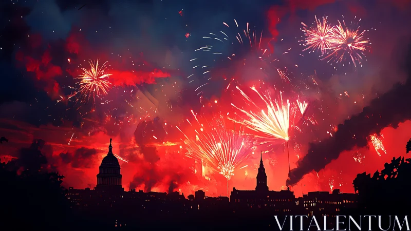 Fireworks over city skyline with domed and spired buildings.