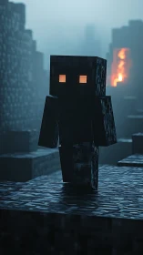 Pixel shadow figure stalks a misty blue cavern of firelight