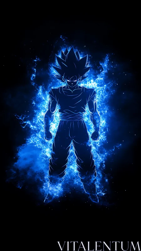 Electric blue warrior silhouette radiates cosmic power
