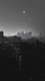 Monochrome dual-moon skyline over dense silhouetted metropolis