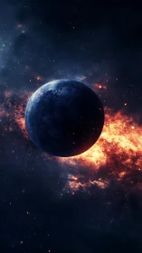 Lonely blue planet drifting beside a fiery cosmic dawn.