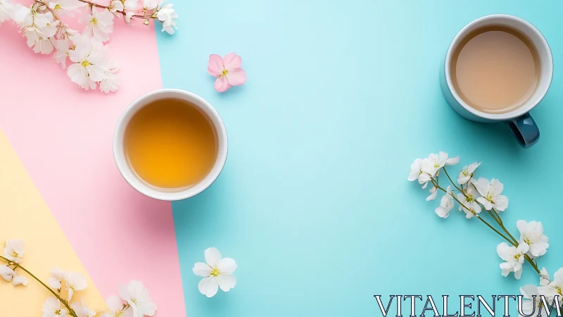 Two cups of tea with blossoms on pastel color background.