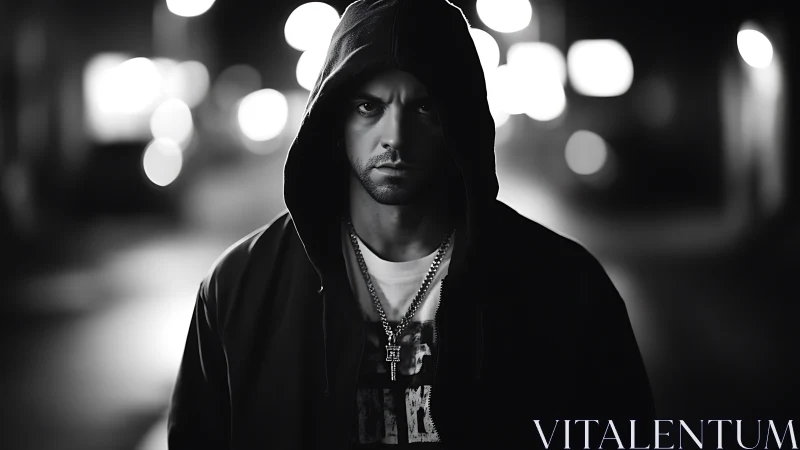 Noir street portrait under shallow depth of field bokeh glow.