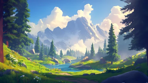 Digital mountain valley landscape depicts river and conifers