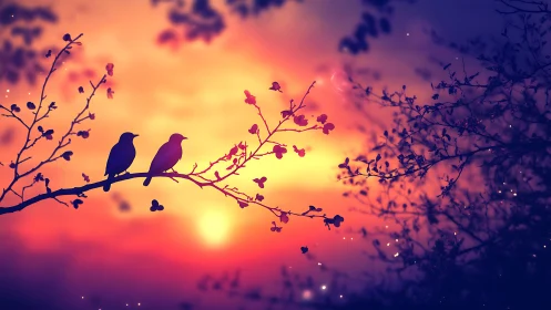 Silhouette songbirds rest on glowing violet sunset branch.