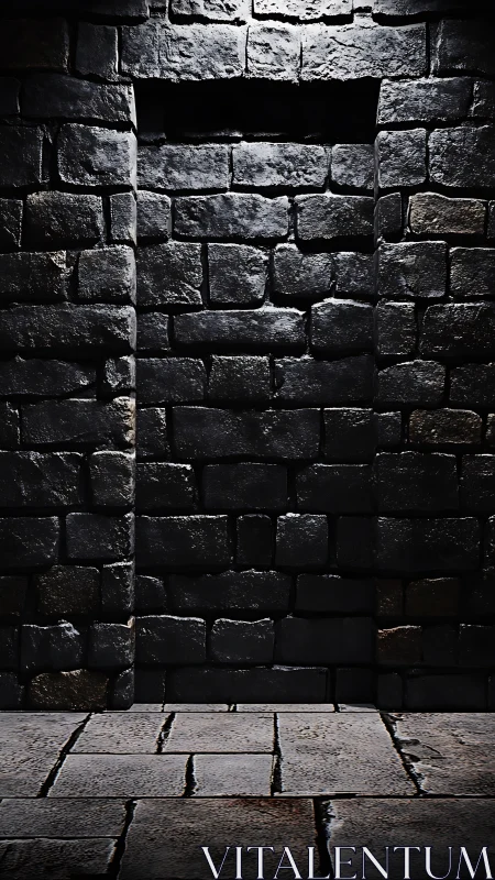 Dark stone wall with sealed doorway under top light.