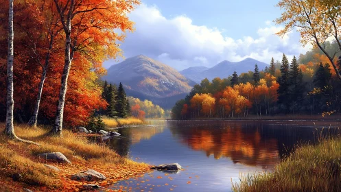 Autumn lake and mountains under soft daylight reflection.