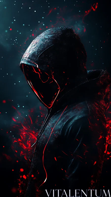 Hooded avatar silhouette with red particle energy and rim lighting