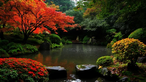 Serene Japanese pond framed by vivid autumn foliage glow.