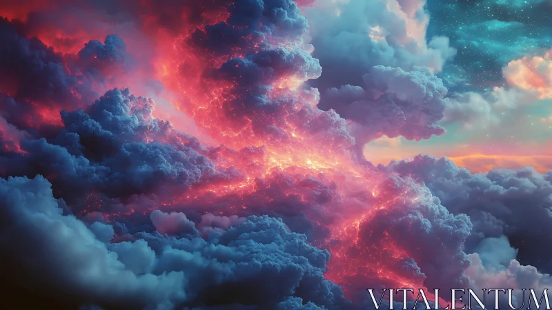 Nebulous cloudscape shows glowing red and blue atmospheric rift