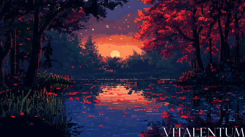 Pixel sunset over tranquil forest lake with red trees.