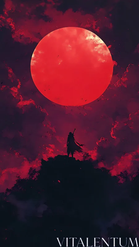Crimson moon crowns a lone warrior atop stormlit shadows